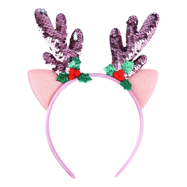Diadema de reno navideño con lentejuelas y orejas de asta, tocado navideño (color aleatorio)