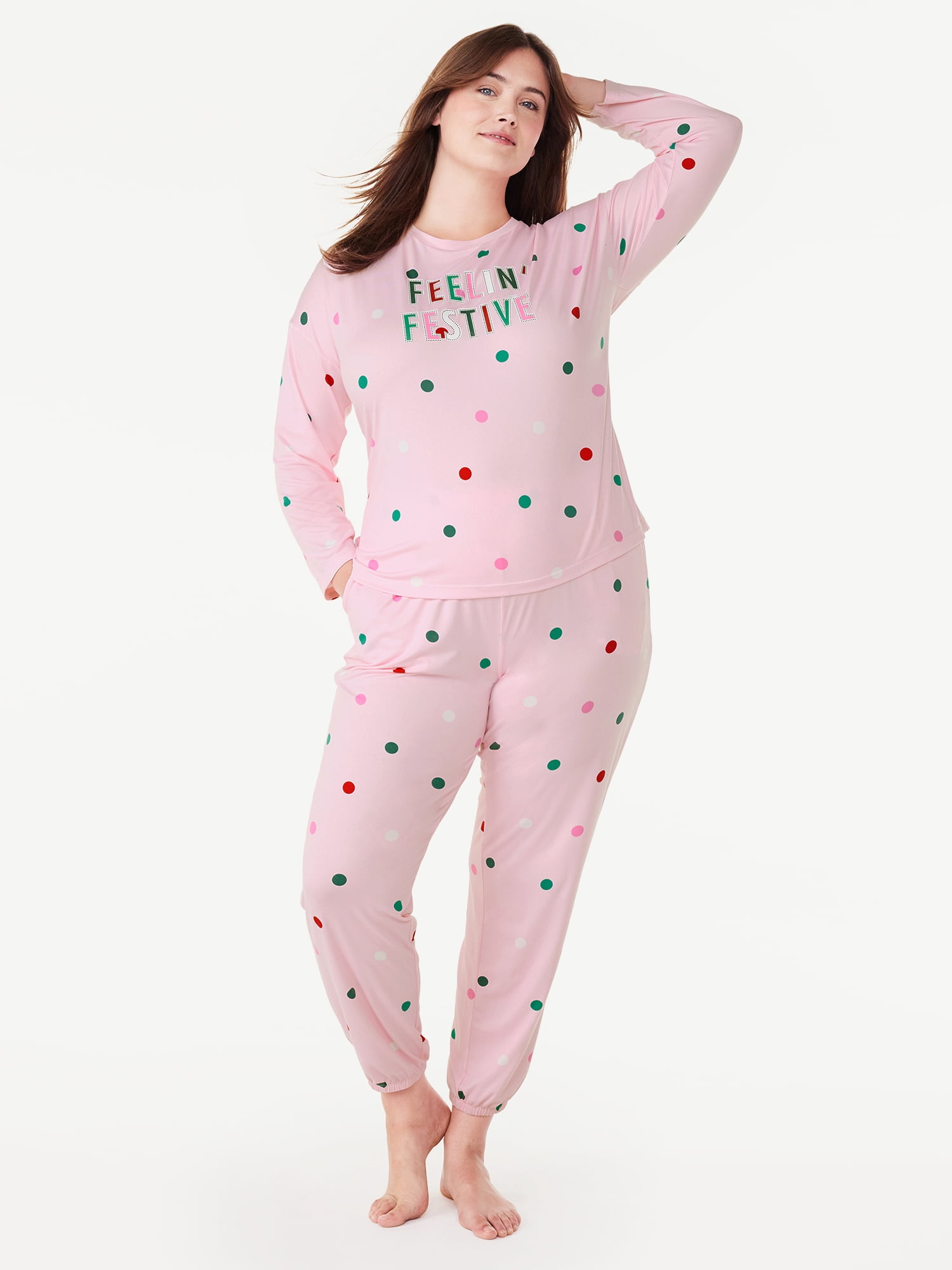 Joyspun Women’s Long Sleeve Tee and Joggers, 2-Piece Pajama Set, Sizes S-3X