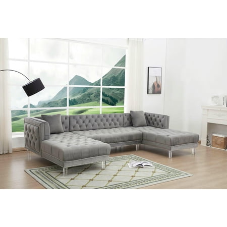 Gray Velvet Sectional Sofa with Acrylic legs Modern Cosmos Furniture Salma Gray