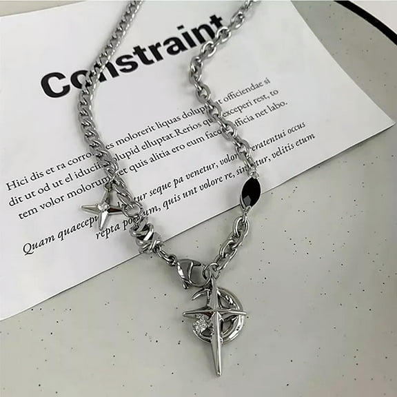GKNET Y2K Cuban Figaro Chain Star Moon Pendant Necklace Punk Black Zircon Chain Ch WY4
