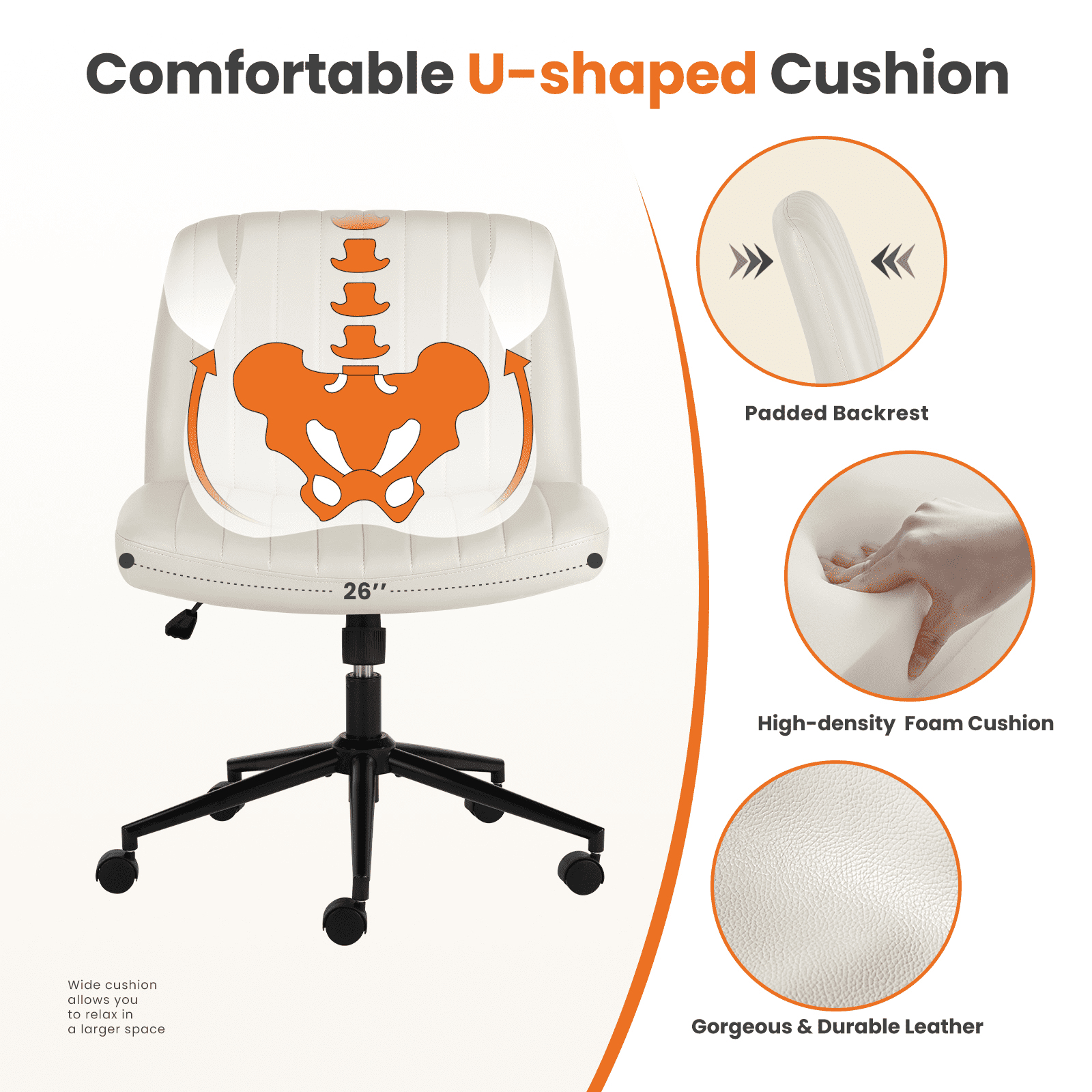MAYEERTY Office Desk Vanity Chair Cross Legged Armless Swivel Fabric Height Adjustable Wide Seat with Replaceable Wheels/Fixed Base, Comfy Task Chair Padded