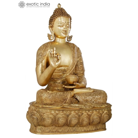 36 Inch Gracious Buddha Clad in Luxuriant Robe Brass - Grand Handmade Statue