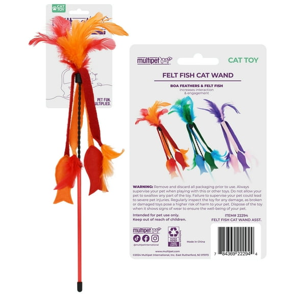 Multipet Felt Fish Cat Wand for Cats, 17", Assorted Colors