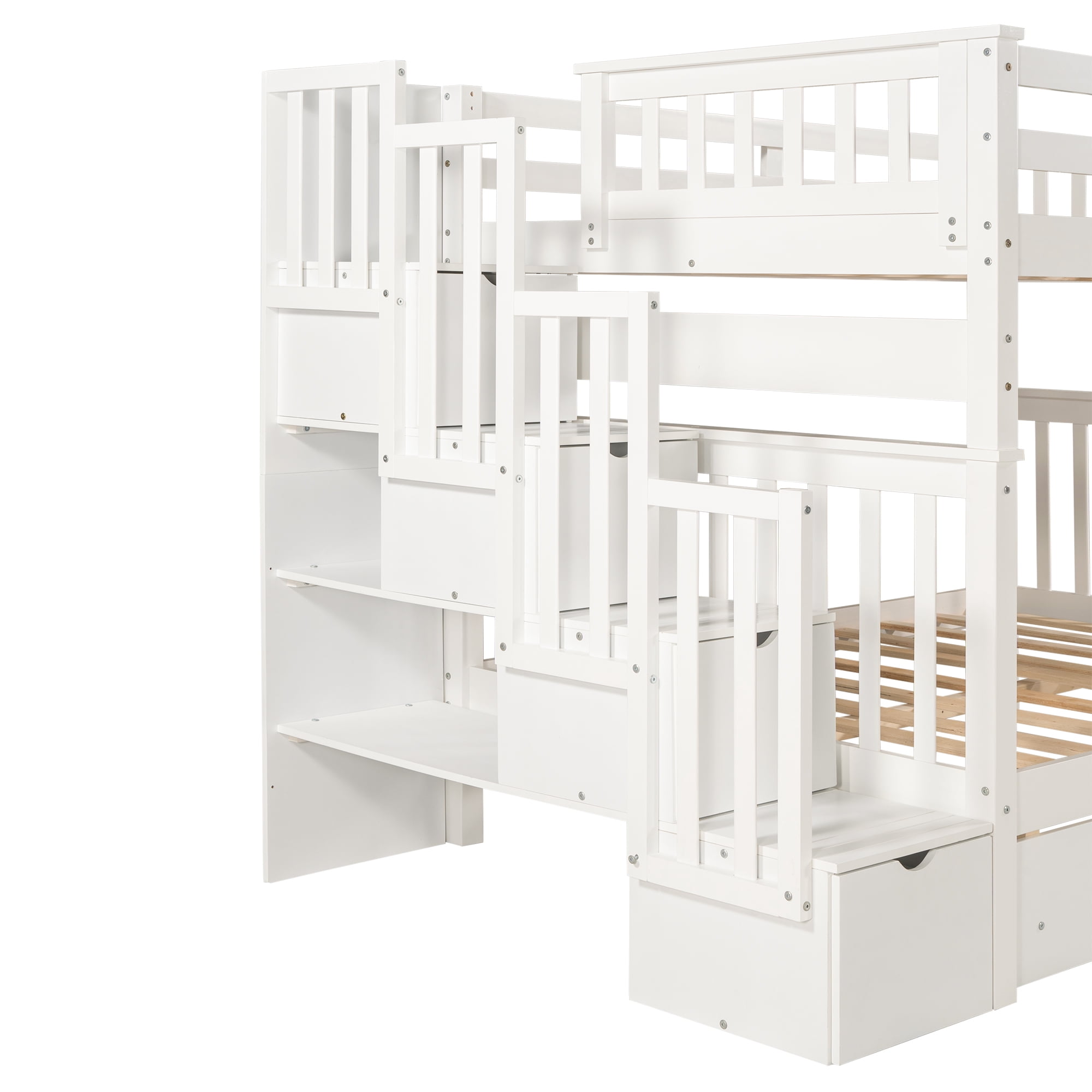 Kepooman Full Over Full Modern Wooden Bunk Bed with Shelves & 6 Storage Drawers, 96.8" * 56.7" * 67", White Kepooman Full Over Full Modern Wooden Bunk Bed with Shelves & 6 Storage Drawers, 96.8" * 56.7" * 67", White