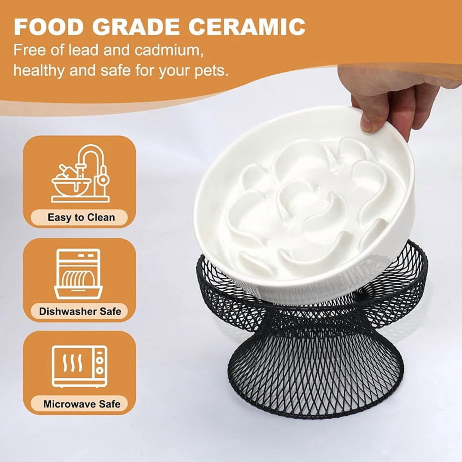 Osfvolr Raised Ceramic Cat Slow Feeder Bowl, Elevated Cat Plate with Stand, Slow Bowl for Wet and Dry Food, Friendly Pet