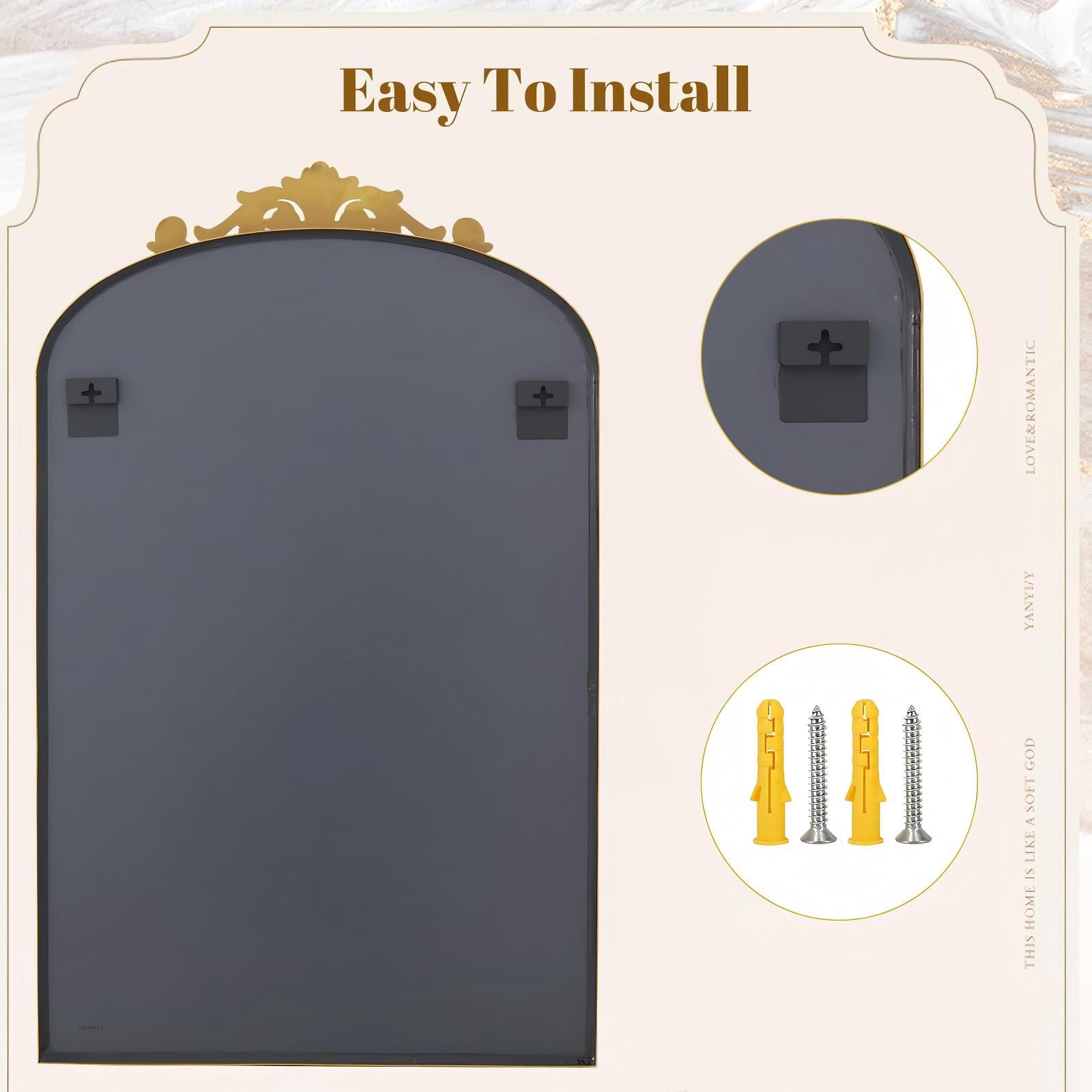 Mirrasia 36" x 24" Vintage Arched Wall Mirror Retro Metal Frame Vanity Mirror with Carved Top, Gold