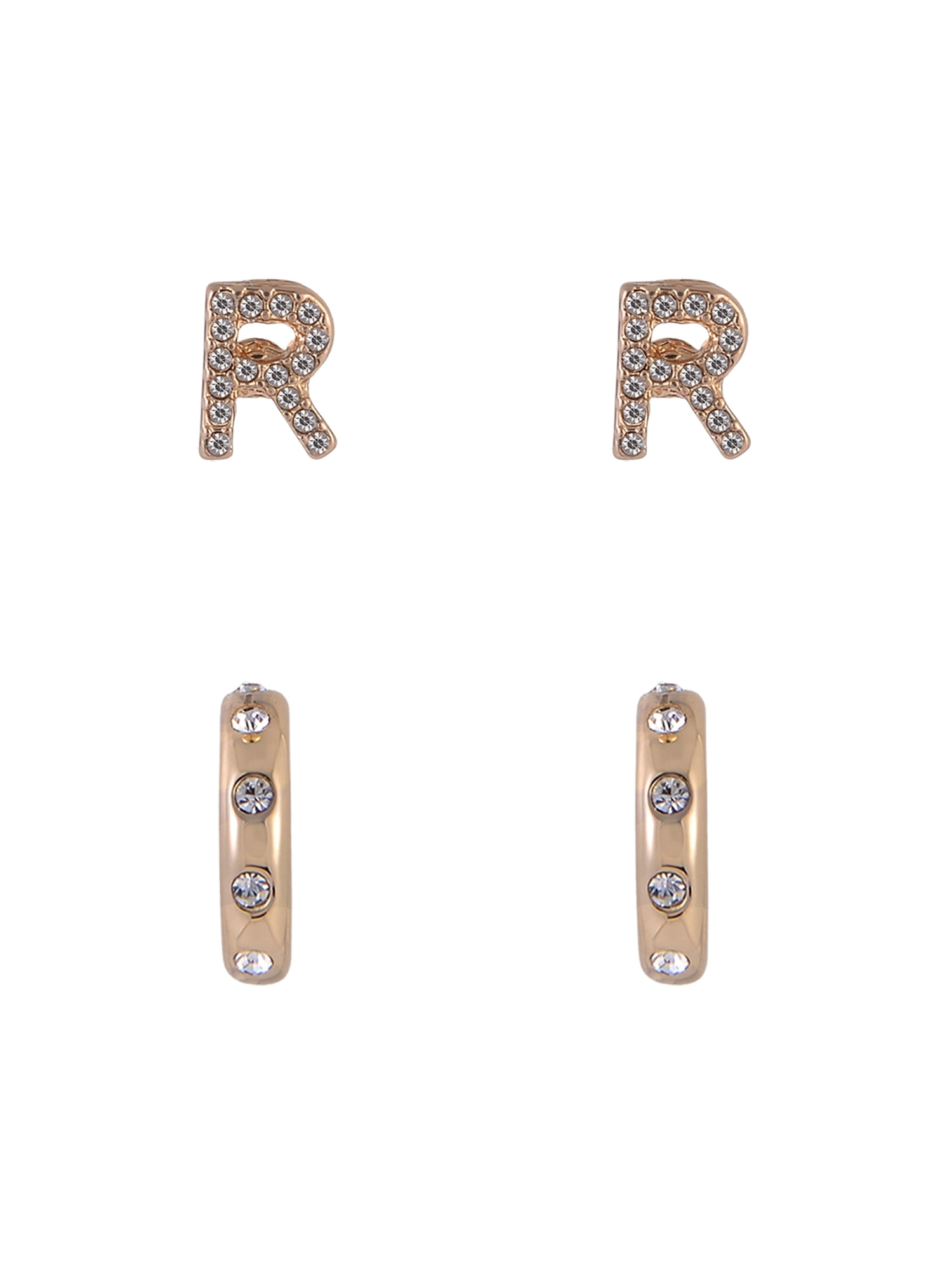 Time and Tru Goldtone 5pc Crystal Studs Hoop Initial "R"Earring Set