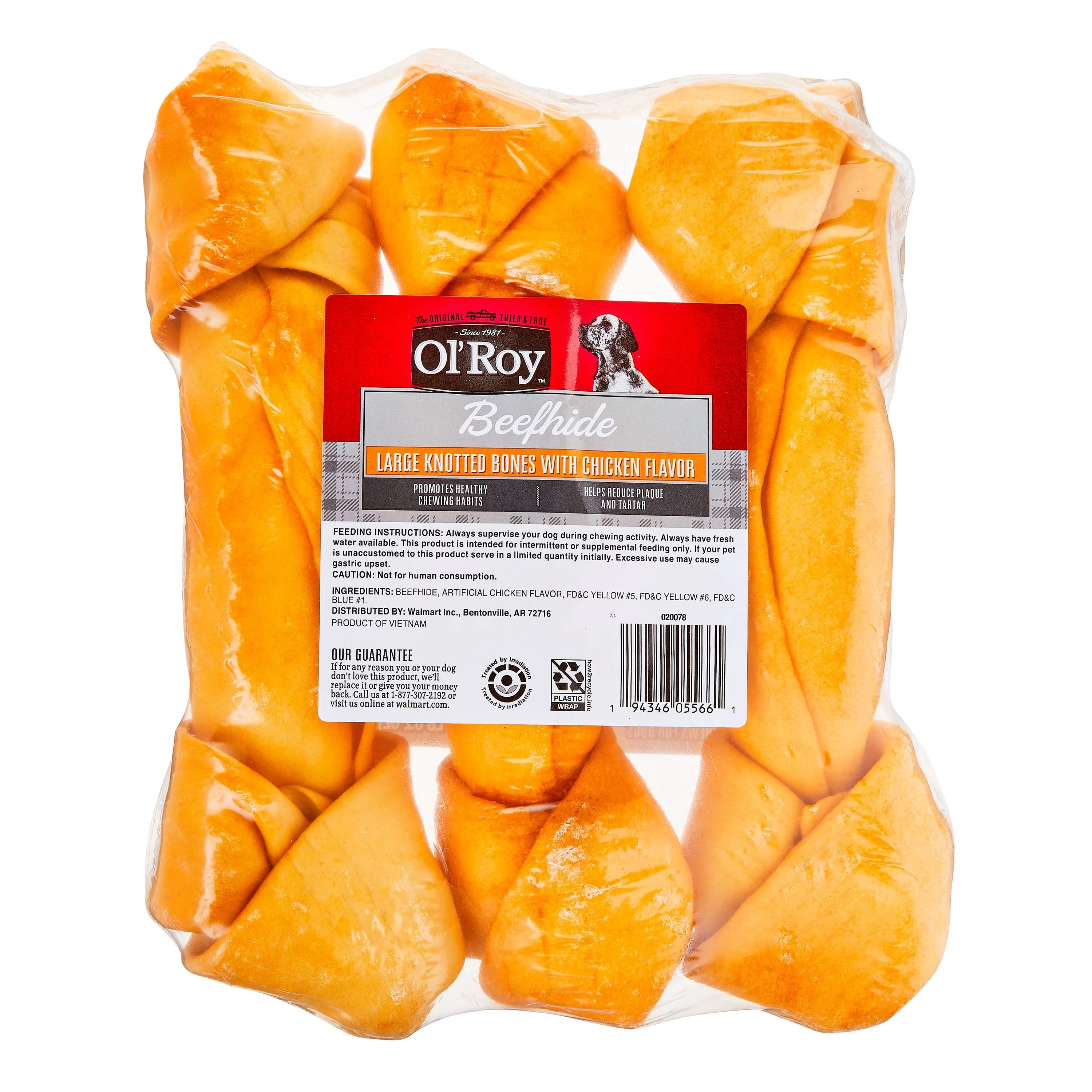 (4 pack) Ol' Roy Rawhide 9-inch Large Knotted Bones Artificial Chicken Flavored Chews for Dogs, Dry, 16.02 oz, 3 Count