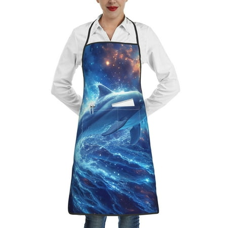 

Pofeuu Beautiful Ocean Dolphin Print Aprons with Pockets Cute Aprons for Kitchen Cooking Server Barber Chef Apron
