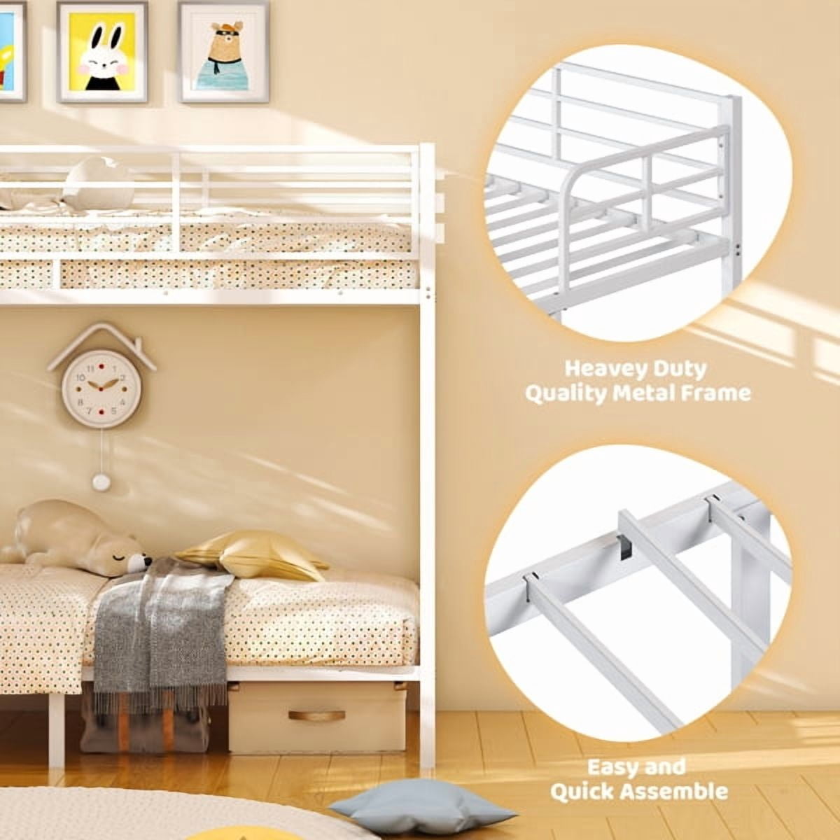 Alvantor Heavy Duty Twin Metal Bunk Bed With Safety Guard Rails & Ladder