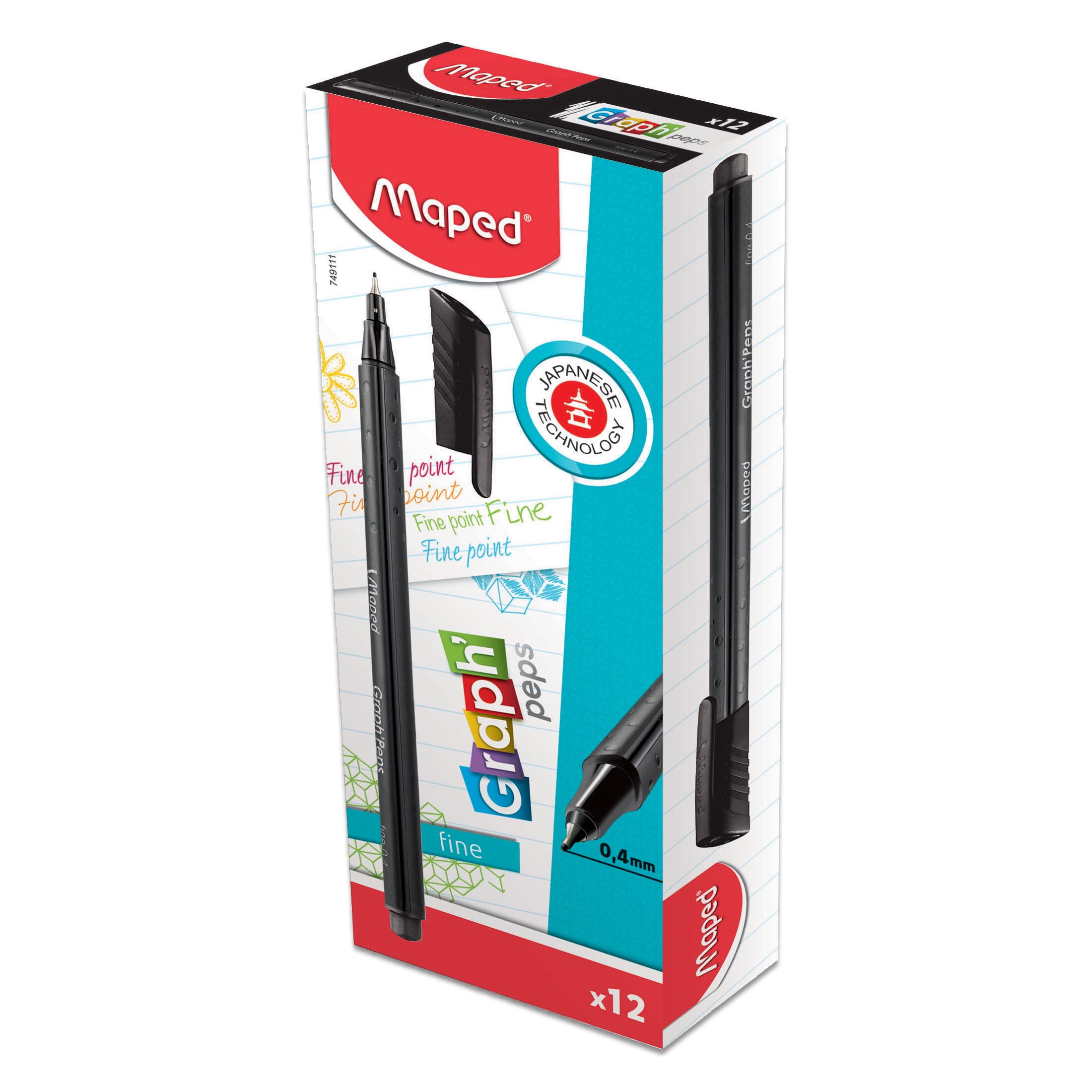 Maped Graph' Peps Fine Tipped Triangular Felt Pens, 12 Pieces - Black