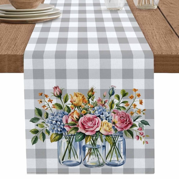 nqOlkjepod Pink Spring Floral Table Runner 48 Inches Long Farmhouse Dress Scarves, Flowers Gray Plaid Farmhouse Dining Tablerunner for Coffee Table/Kitchen Island/Party Décor, 13" x 48"