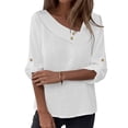 thumbnail image 3 of Women Lightweight Cotton Linen Blouse Irregular Asymmetric V Neck Roll Tab Sleeve Gold Buttons Loose Breathable Daily Vacation Work Shirts, 3 of 10