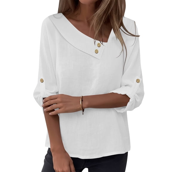 Olyvenn Women Cotton Linen Tops Causal Summer Shirts Rolled Sleeve Asymmetrical Neck T Shirts Solid Loose Blouses for Daily White XXL