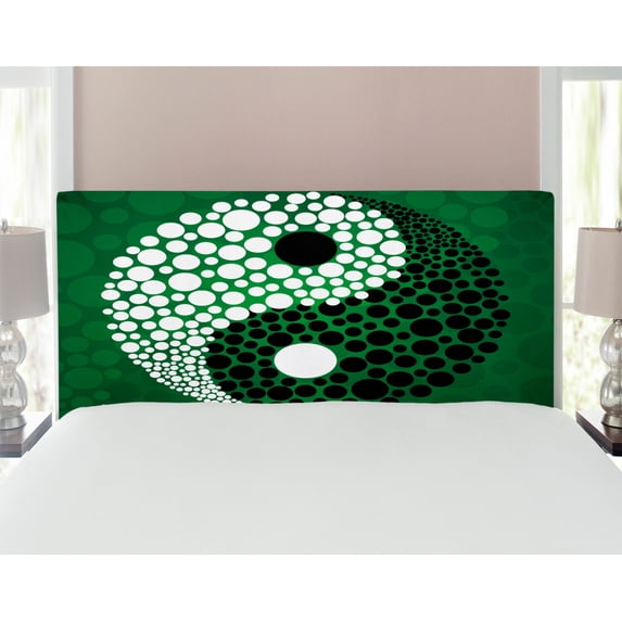 Ying Yang Headboard, Digital Style Yin Yang Form Nature Themed Dots Print, Upholstered Decorative Metal Bed Headboard with Memory Foam, Full Size, Green Black White, by Ambesonne
