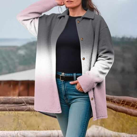 Ailaofu Flannel Shirt Women's Gradient Jacket Women's Casual Lapel Button Long Sleeve Windbreaker Winter Warm Jacket