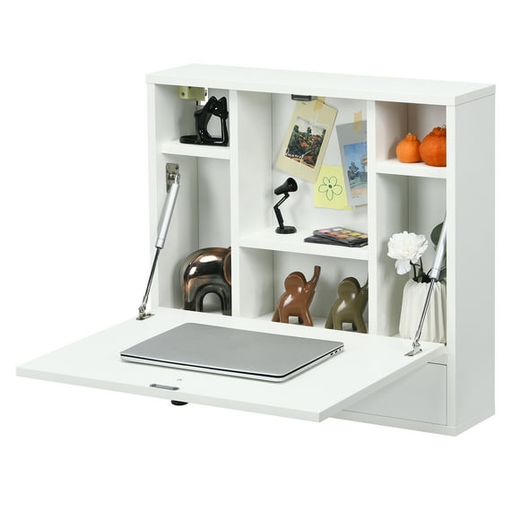Patiojoy Wall Mount Floating Desk Foldable Space Saving Laptop Workstation with Storage Drawer and Shelves White