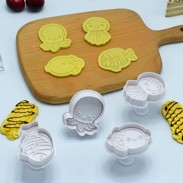 Vrorvz 4-Piece Sea Animals Cookie Fondant Stampers Set DIY Baking Kit with Spring-Action Handle for Embossing Decorative Crusts Suit for Mini Cookies Pastries BPA-Free