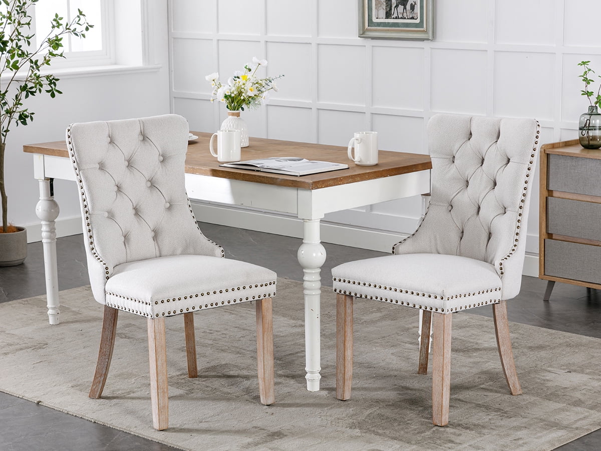 ODUSE-DAILY Beige Linen Dining Chairs Set of 2, Kitchen & Dining Room Chairs, Nailheads Tufted Chair, Sillas De Comedor, Fabric Upholstered, Wood Legs (Beige, 2 Pcs)