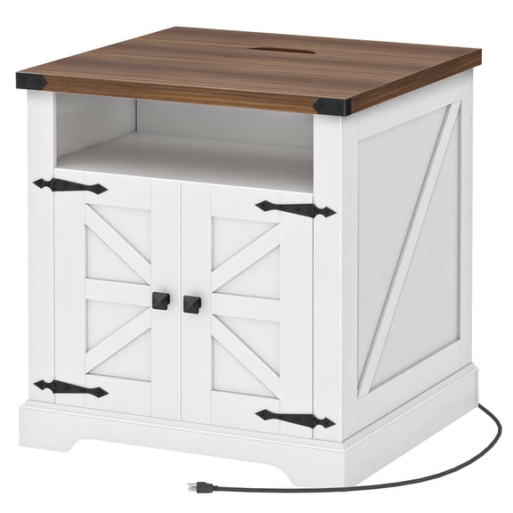 HOOBRO Farmhouse End Table with Charging Station, 23.6" Large End Tables for Living Room, Sofa Side Table with Barn Door, Wooden Square Nightstand Bedside Table, Flip Top, White and Walnut WH601UBZ01