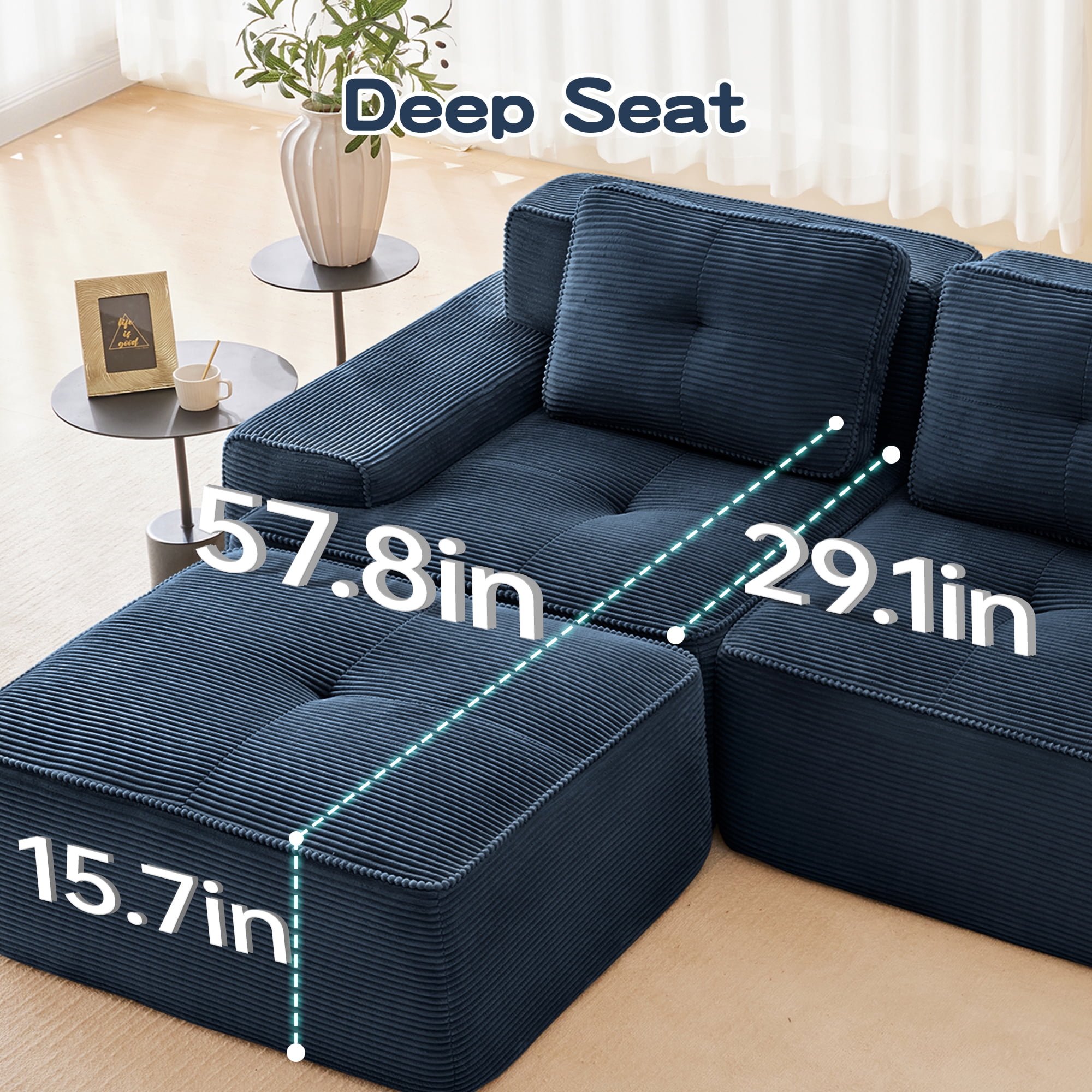 Anpport 117" Oversized 3-Seater Couch, Blue Corduroy with Cushions, Modular Sectional Couch, Anti-Slip, No Assembly for Living Room