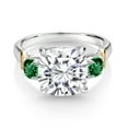 thumbnail image 2 of Gem Stone King 925 Silver and 10K Yellow Gold White Moissanite and Green Nano Emerald 3 Stone Ring for Women (5.60 Cttw, Gemstone Birthstone, Cushion 10MM, Round 4MM, Size 6), 2 of 3