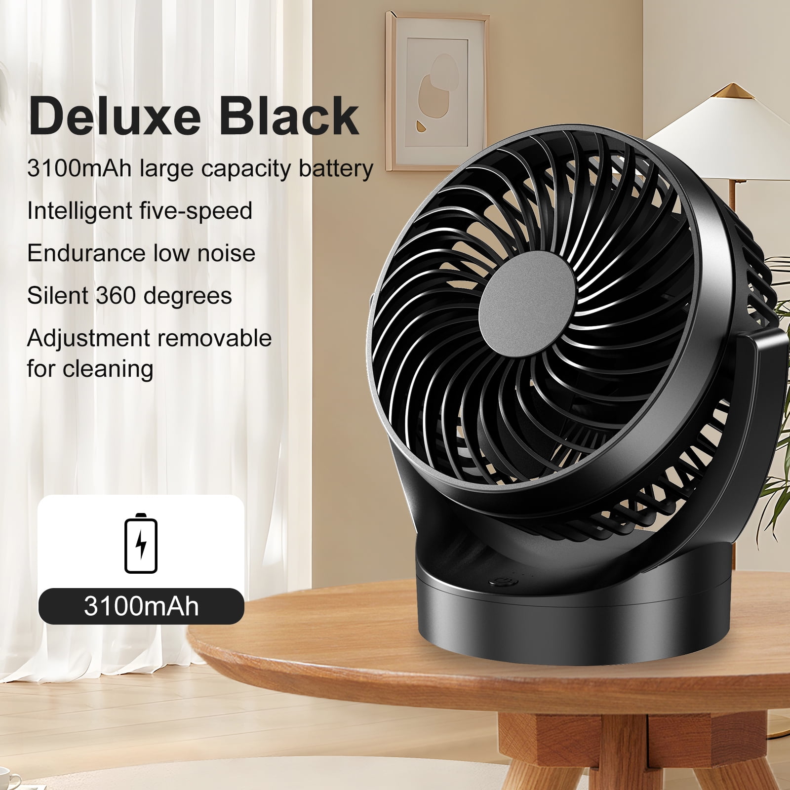 JOLTIX 7" Table Fan,3100mAh,Silent, Super Wind Power and Battery Life, Desktop Mini Fan,Black
