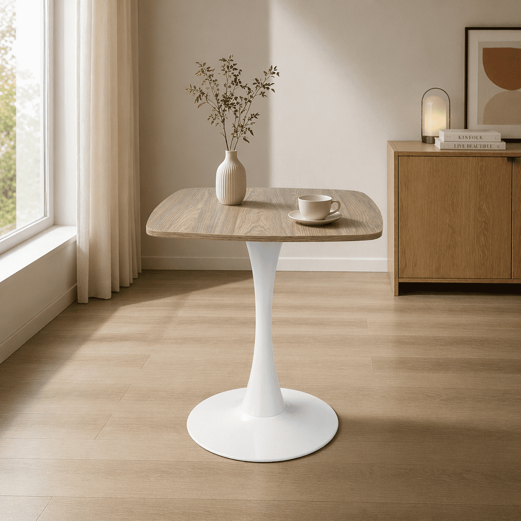 Square Dining Table, 24" Square Tulip Table with MDF Tabletop & Matte White Metal Pedestal Base,Mid Century Modern Bistro Table for Kitchen, Small Places, Living Room, Cafe