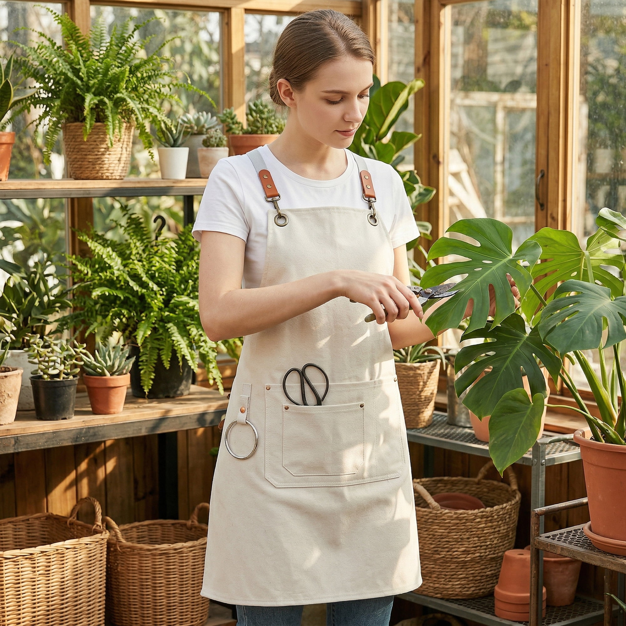 Unique Bargains Adjustable Long Waist Cooking Apron with Pockets 29.4x26.8in Cream