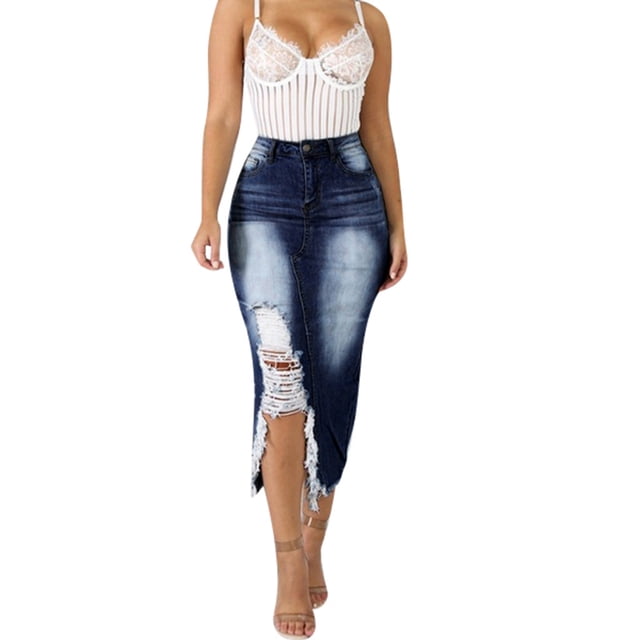 Gibobby faldas para mujer corta Falda de mezclilla de estilo urbano desgastada de cintura alta para mujer a la moda(Azul marino, XL)