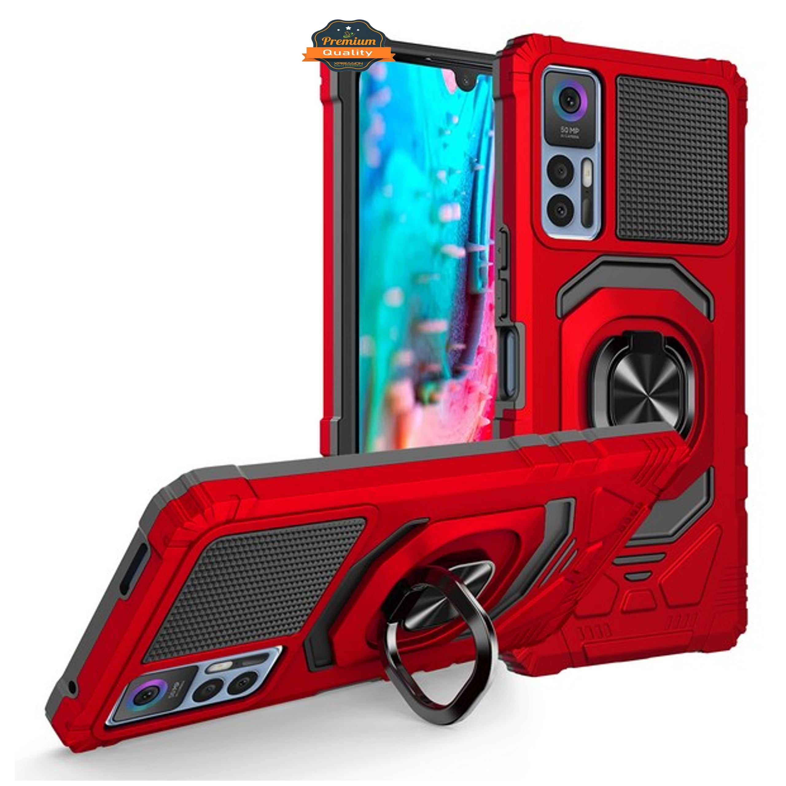 Xpression Phone Case For TCL K24 /TCL K23 Hybrid Magnetic Car Mount Ring Kickstand Stand Holder Full-Body Armor Protective [Military Grade] Cover, Red