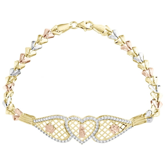 14K Tri Color Gold Fancy Link Mother Mary 13mm ID Heart CZ Bracelet 7.25"
