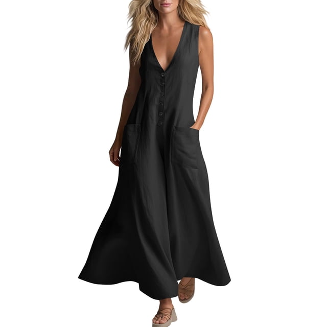 JMYHOAM Robes pour Femmes Robes d'Été pour Femmes Robe Débardeur en Lin Ample avec Poches Manches Trois-Quarts Longue Robe, Noir, P-TTG