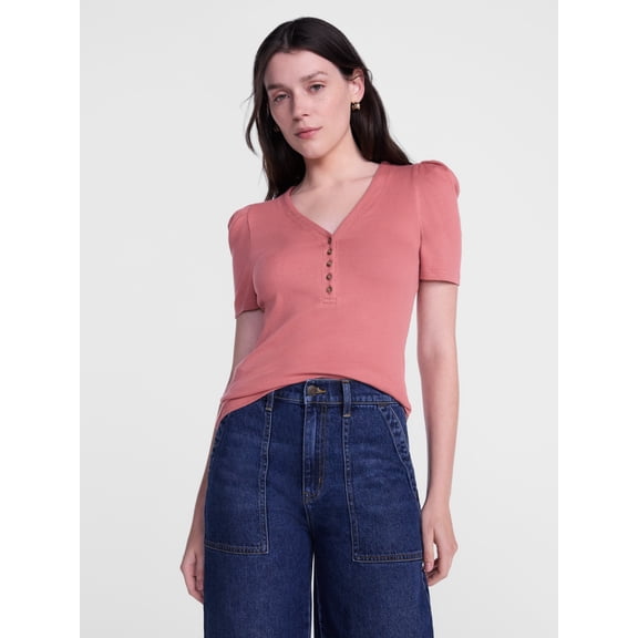 Scenario Women's V-Neck Henley Top with Short Puff Sleeves, Sizes XS-XXXL