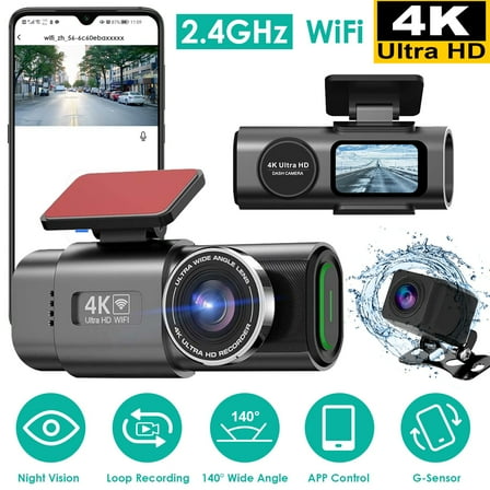 Car Dash Cam 4K 1080P Dual Dash Cam Front & Rear with WiFi & Free 64 GB Card | 140°/120° Wide-Angle Loop Recording | G-Sensor & Night Vision | Mini Aluminum Alloy Car Camera