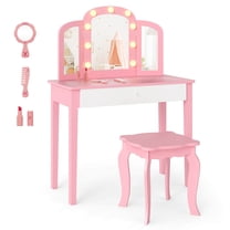 Infans Kids Vanity Table Set 2-in-1 Princess Makeup Dressing Desk w/Mirror Stool Drawer