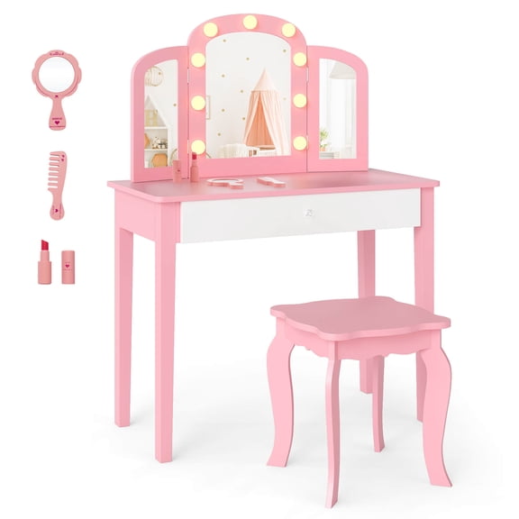 Infans Kids Vanity Table Set 2-in-1 Princess Makeup Dressing Desk w/Mirror Stool Drawer