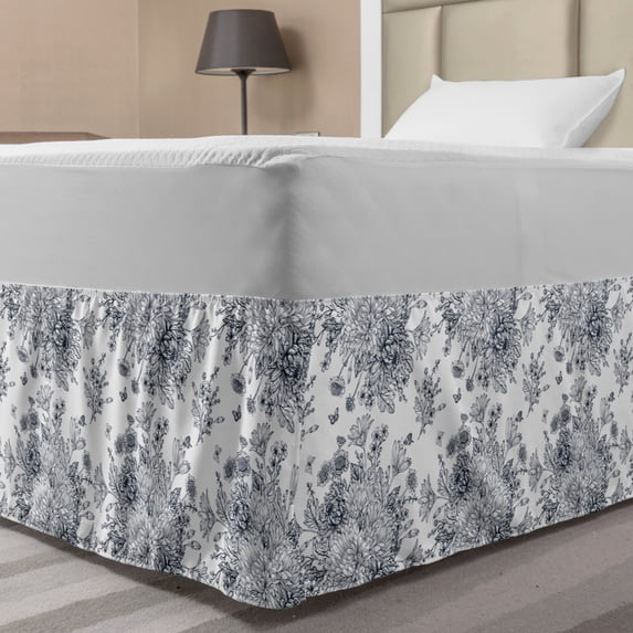 Vintage Botany Bed Skirt, Composition of Flower Bouquets and Leaves on a Plain Background, Elastic Bedskirt Dust Ruffle Wrap Around for Bedding Decor, 4 Sizes, Dark Slate Blue White, by Ambesonne