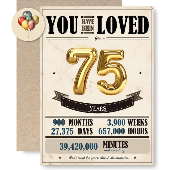 75th Retro Birthday Greeting Cards, Golden 75 Birthday Card, Envelope and Sticker