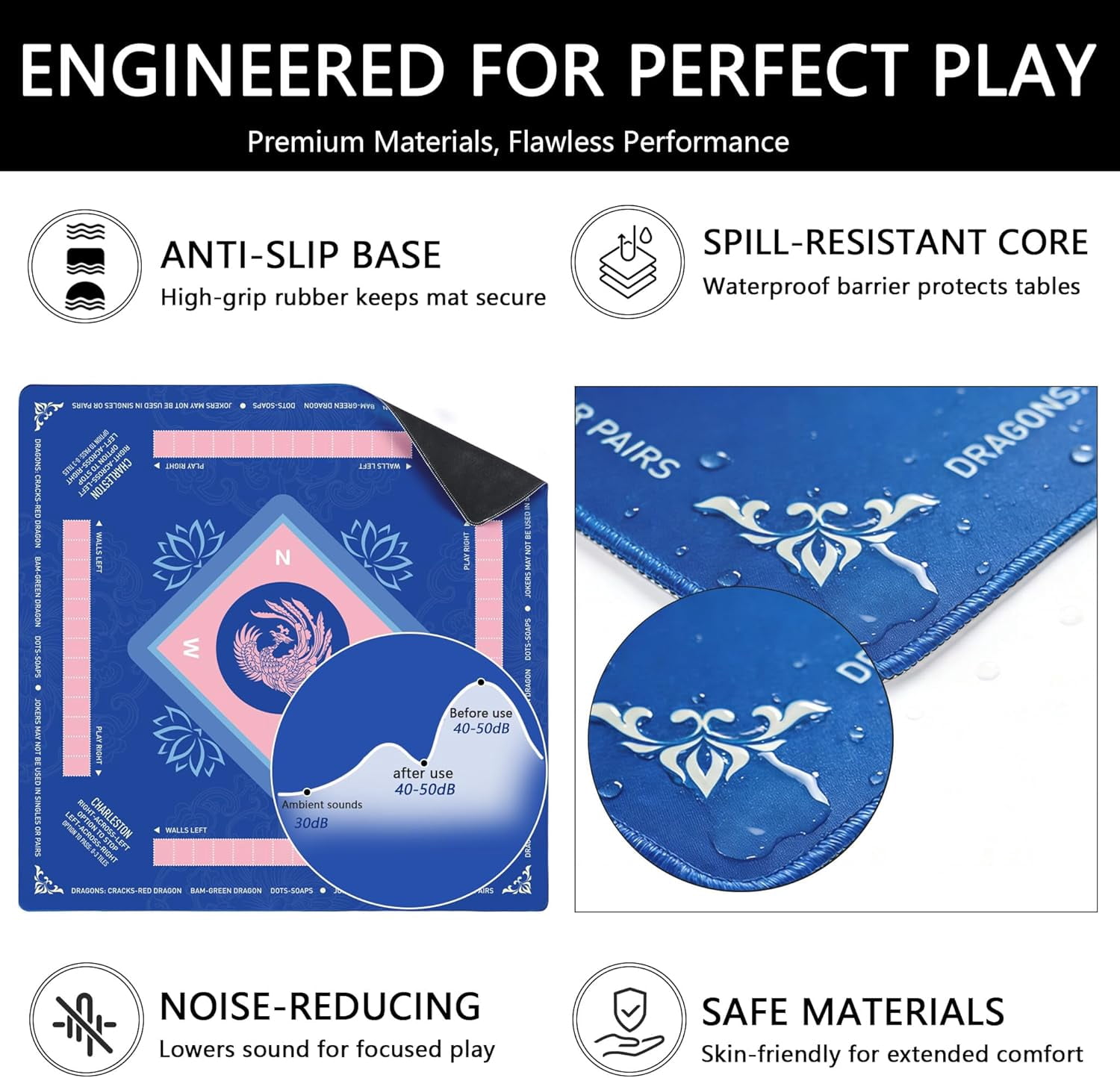Mahjong Mat for Table, 31.5''''x31.5'''' Non-Slip & Noise Reduction Mahjong Mat with Rules,Mah Jongg Gift with Carrying Bag for Poker,Board Games,Dominoes,Cards & Tile Games (Blue-Pink)