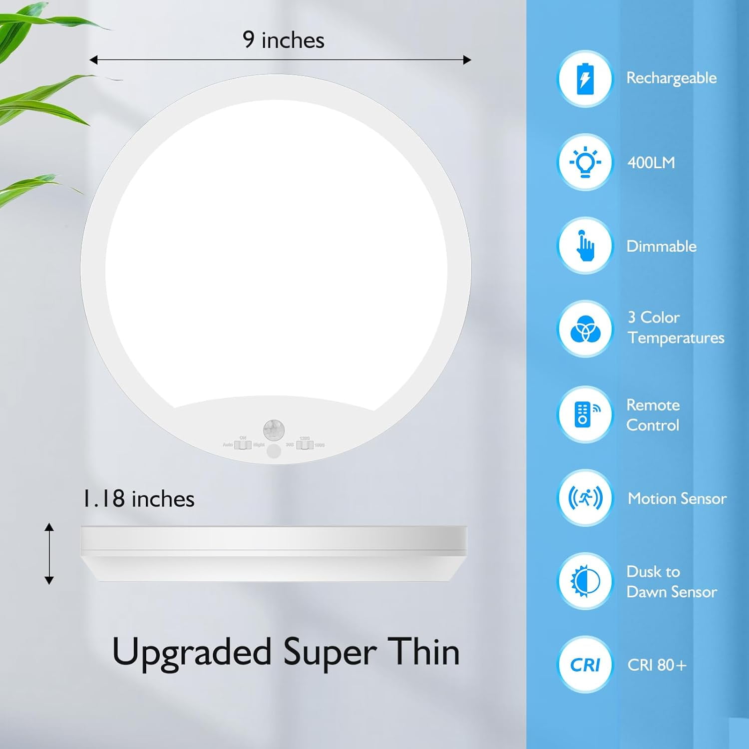 2-Pack 9"  3 Color Temperatures Rechargeable Motion Sensor Ceiling Lights with Remote