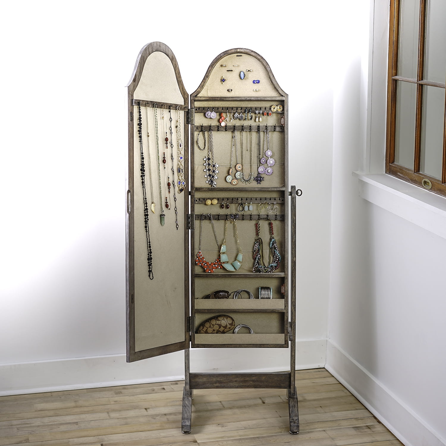 Hives And Honey Bell Shape Standing Rustic Grey Jewelry Storage Mirror Armoire