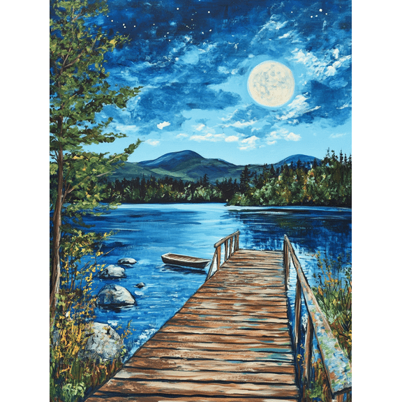 Serene Moonlit Lake Dock Canvas Print/Wall Art, Perfect for Living Room, Bedroom, Office, Bathroom, and Hallway Decoration.