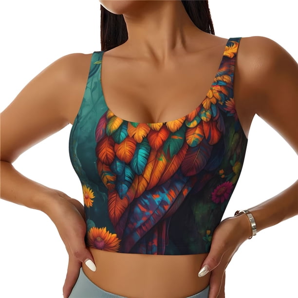 Balery Colorful Owl Forest Sujetadores deportivos con espalda cruzada para mujer, acolchados, sin costuras, de alto impacto, ideales para yoga, gimnasio, entrenamiento y fitness.-Large
