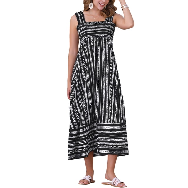 Vestido Maxi de Playa Sin Mangas de Cuello Cuadrado con Fruncido y Rayas Boho para Mujeres INSPIRE CHIC Talla XS Negro