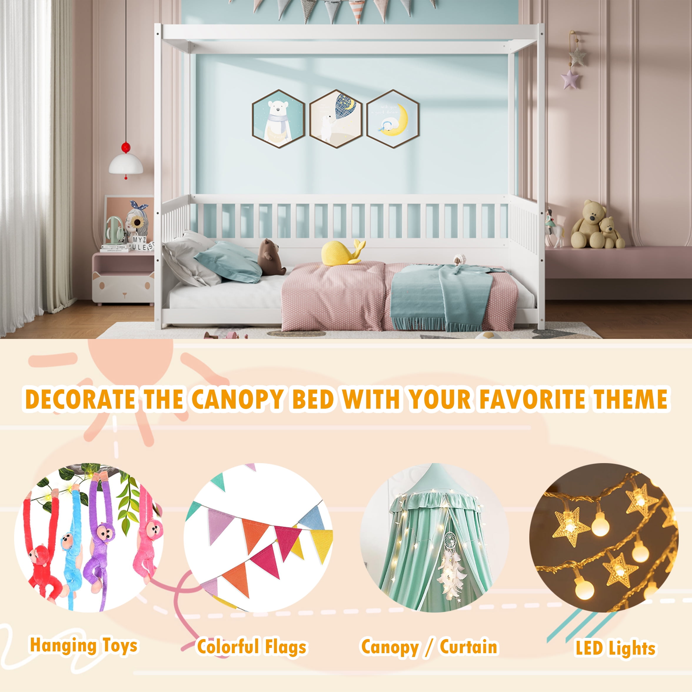 Bellemave Full Size Canopy Bed Frame with High Fence Guardrails Montessori Floor Bed Frame with Four Poster Design Wooden Canopy Bed (Full, White)