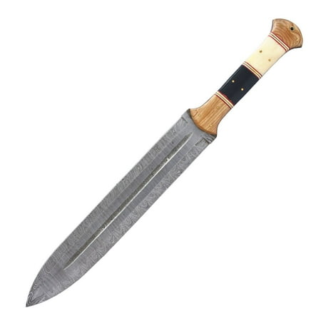 TheBoneEdge Tactical Handmade Damascus Steel Full Tang Hunting Machete Knife Horn and Wood Handle with Leather Sheath