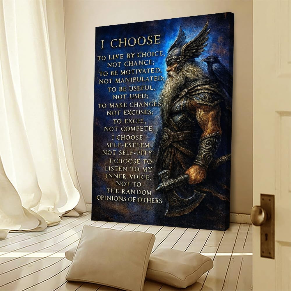 Viking Warrior Inspirational Canvas Wall Art Poster Print - I Choose to Live by Choice Motivational Quote Wall Decor for Home Office Bedroom - Ready to Hang Art