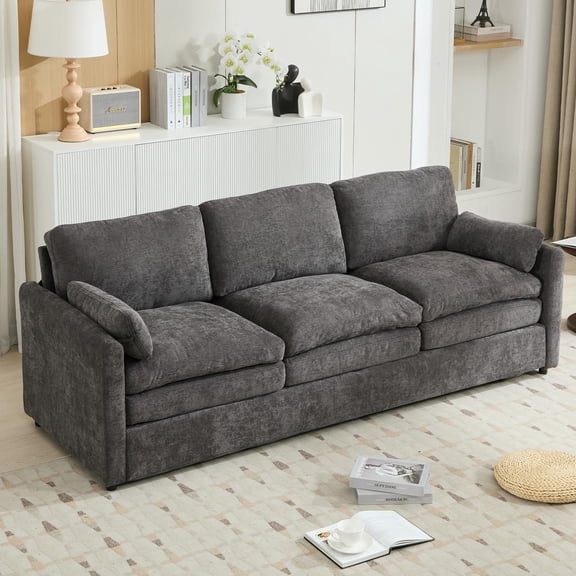 Oversized Cloud Sofa Couch, 3-Seater with Double-Layered Cushions, Deep Seating and Elegant Stitching, Chenille Fabric for Living Room and Apartment, 89 Inch Length in Grey