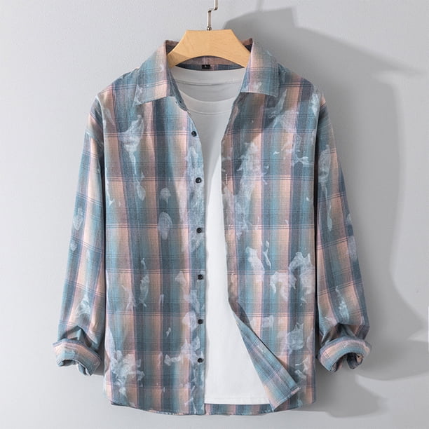 Blusa y camisa de manga larga con cuello vuelto, nueva camisa informal a cuadros para hombre, blusa holgada juvenil de manga larga con cuello vuelto, blusa de poliéster para hombre